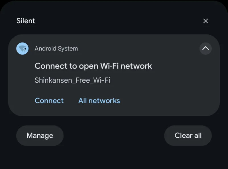 Android notification to connect to Shinkansen Free Wi-Fi network in Japan.
