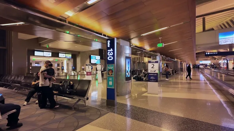 Empty gate 130 at Los Angeles International Airport (LAX) with rows of unoccupied seats before the ANA flight to Tokyo, Japan