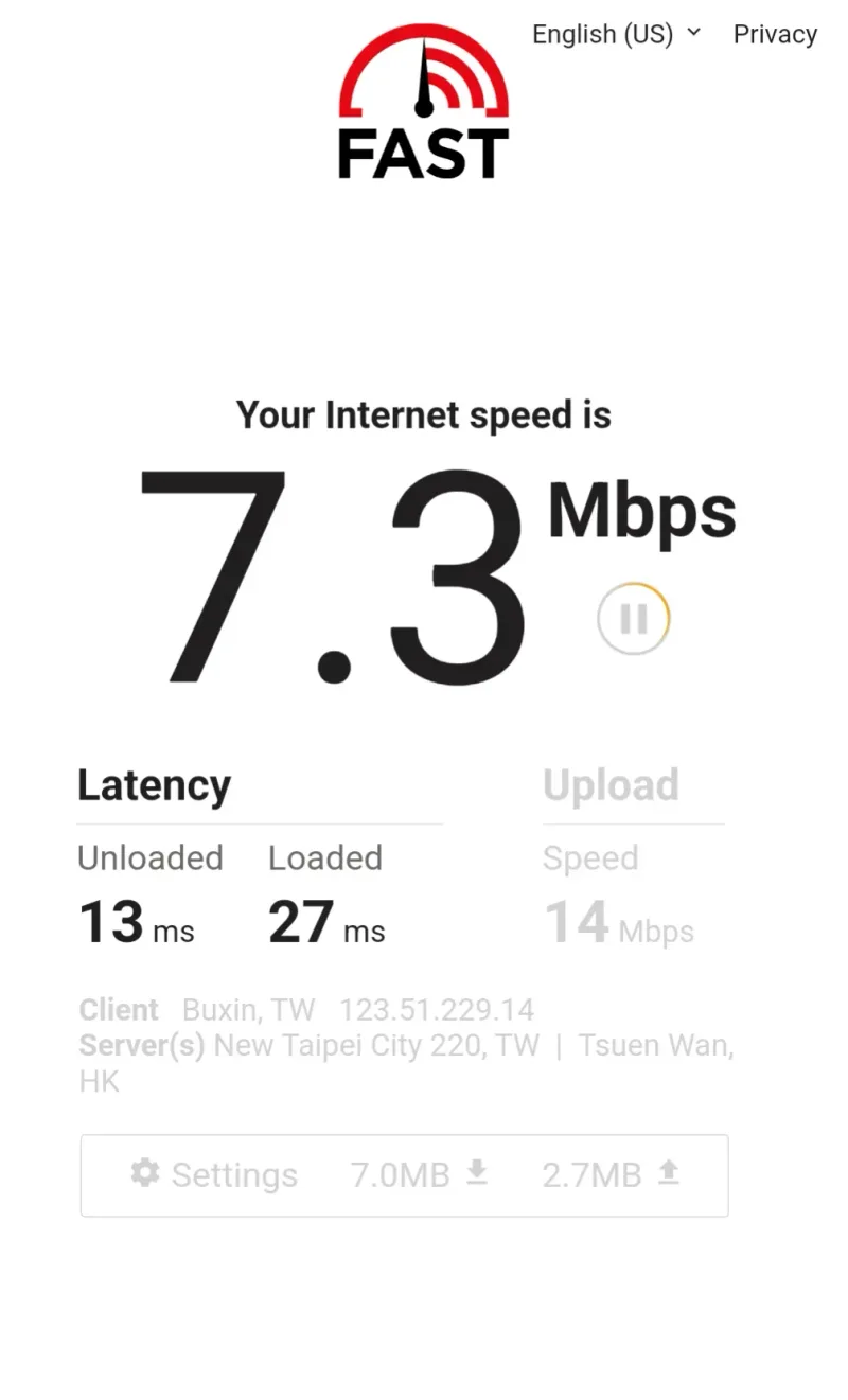 FAST.com speed test showing 7.3 Mbps in Taiwan