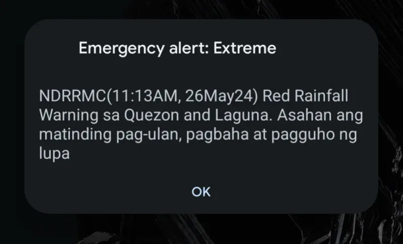 Emergency Red Rainfall Warning on phone