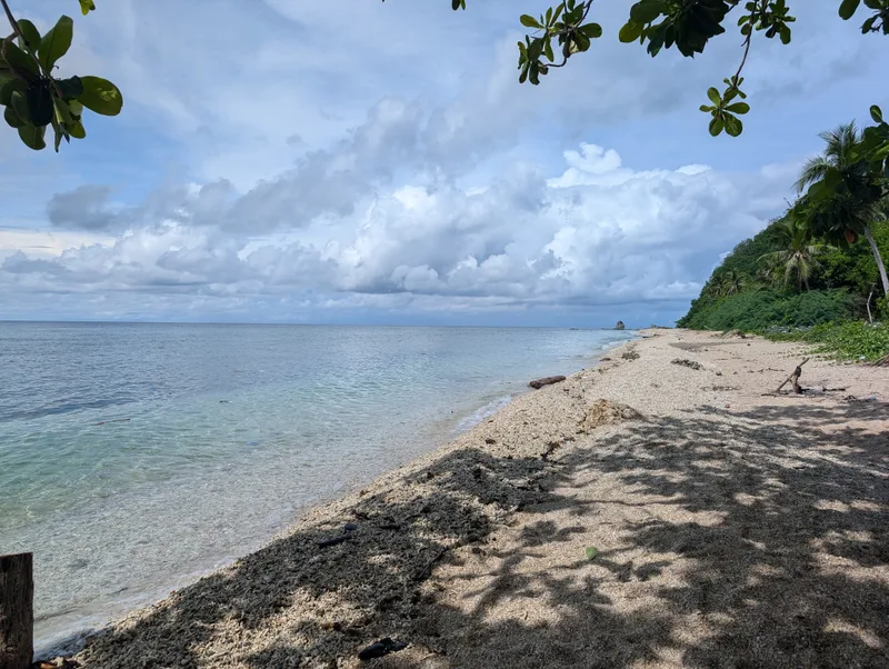 The beach below Casa Amara — pebble and stone, high tide, South China Sea, Batangas, Philippines Serene pebble and stone beach with clear turquoise water along the South China Sea coastline, framed by green trees under a partly cloudy sky, in Batangas, Philippines.