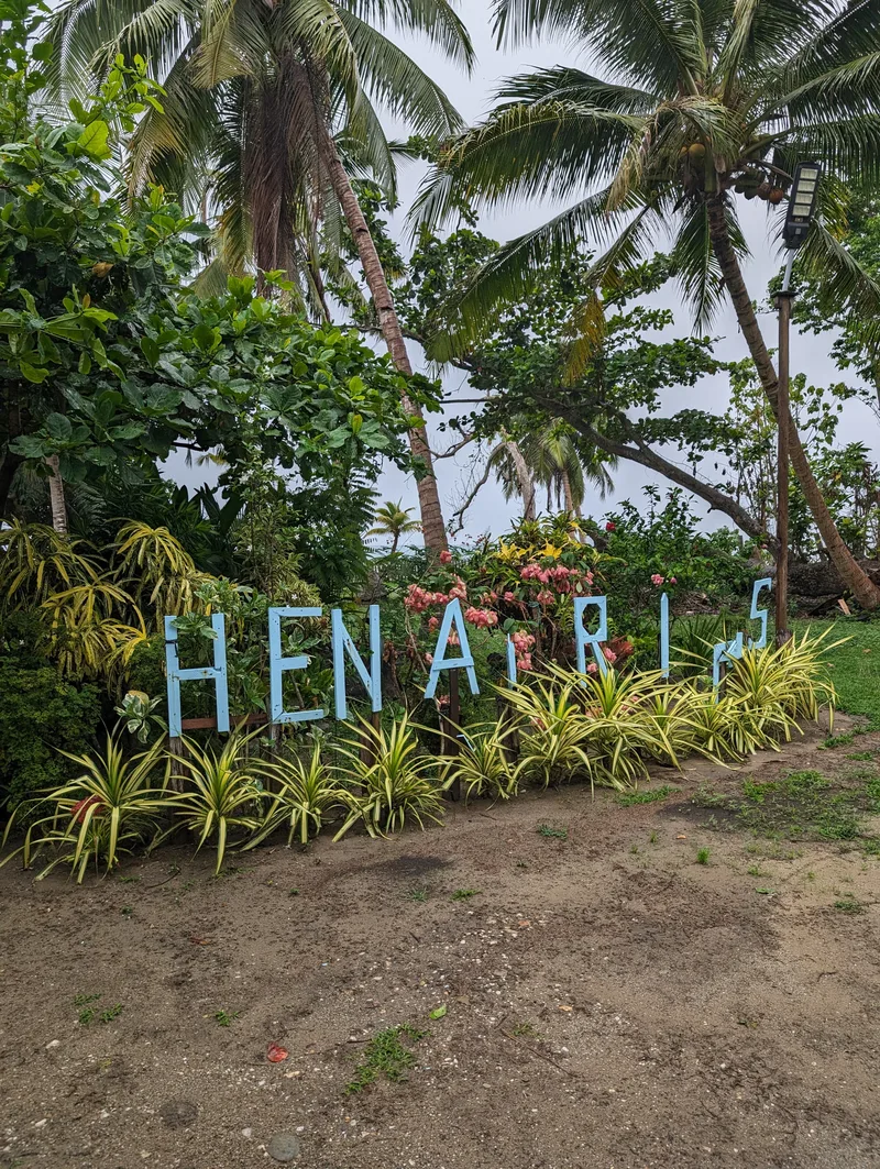 Henalric — Henry, Allan, Eric. Three brothers, one resort Large light blue HENARIS sign surrounded by tropical palm trees and plants at the beach resort in Caramay, Roxas, Palawan