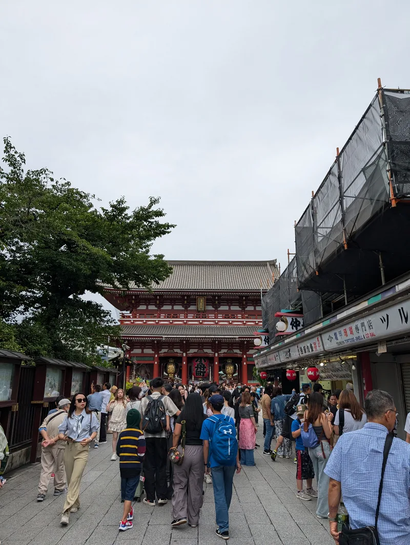 Nakamise-dori leading to Senso-ji Temple — Asakusa, Tokyo, Japan Tourists walking towards Senso-ji Temple along Nakamise-dori market street in Asakusa, Tokyo, Japan, with the temple's main hall visible in the distance under a cloudy sky.